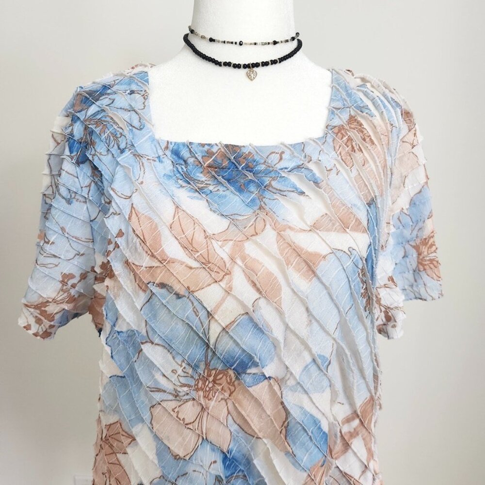 Y2K Pastel Blue Crinkle Boho Top Medium Petite Floral Cottagecore Fairy Vtg 00s - Picture 3 of 10